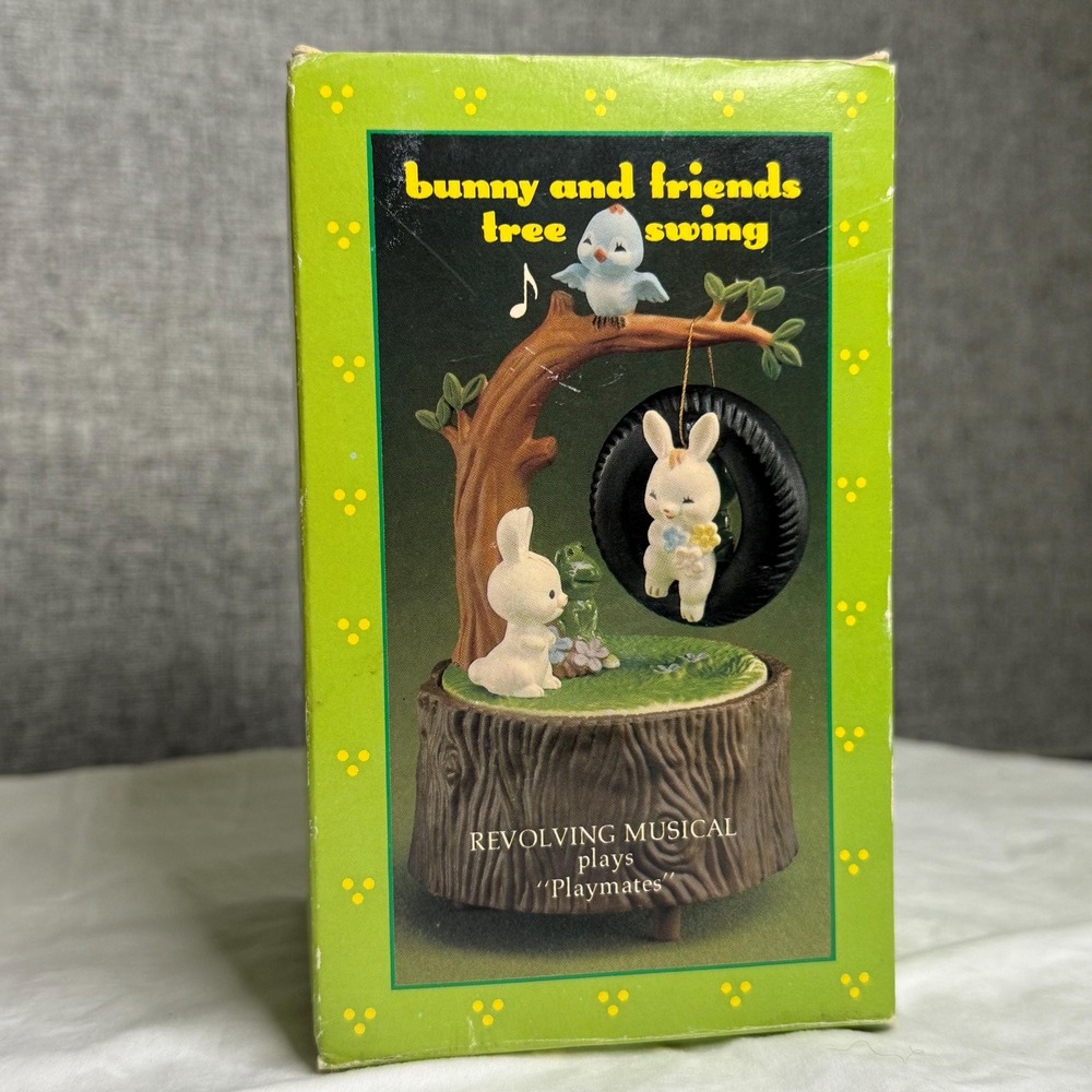 Vintage Enesco 1982 Bunny and Friends Tree Swing Music‎ Box Figurine Easter